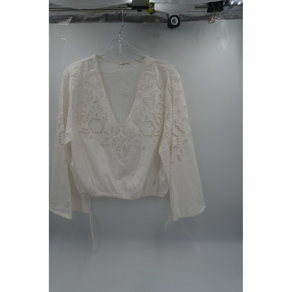 Carly Jean Los Angeles White Eyelet Lace Blouse V-Neck Bell Sleeve Tunic Size L - Picture 2 of 9